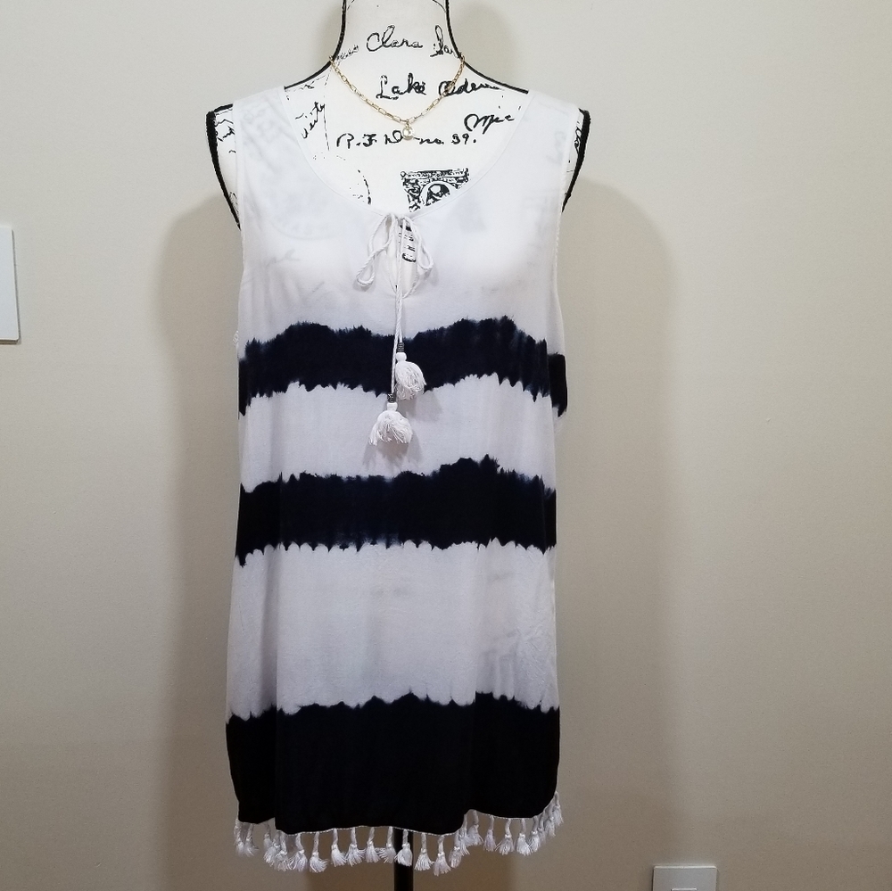FORCYNTHIA Beachwear Blue With White Sleeveless Swim Cover Up, SIZE L.